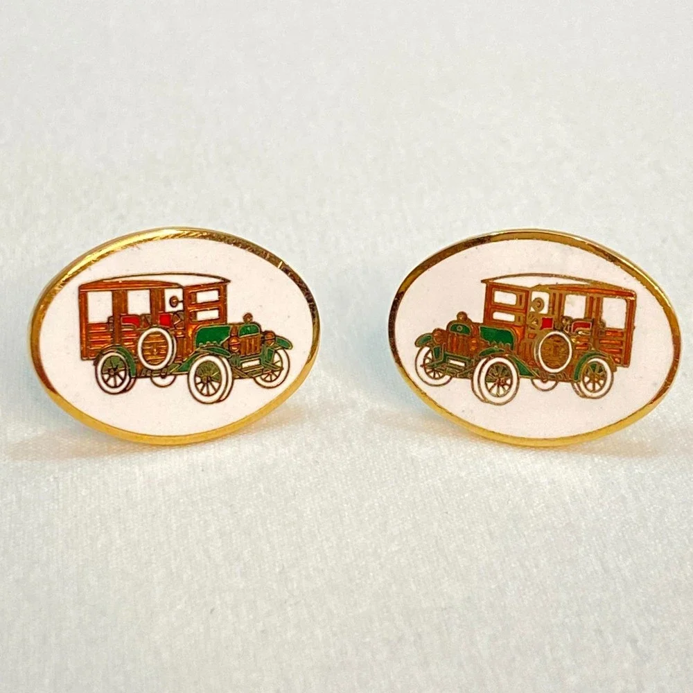 💎Mens Cuff Links Antique Car Enamel Cloisonne Bullet Back And Toggle